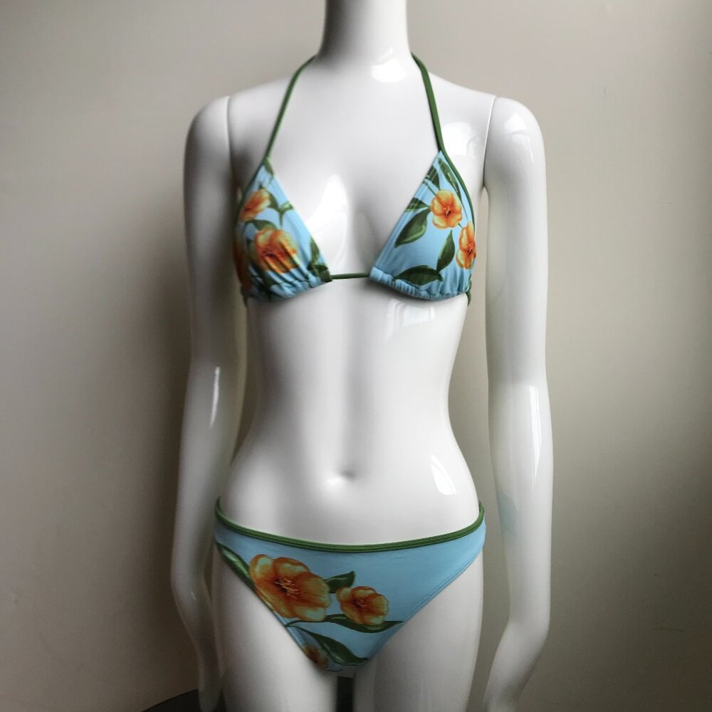 Billabong Swimsuit Blue & Olive Floral Print low rise triangle top bikini